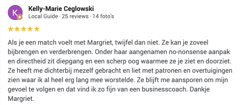 review voor businesscoaching met Margriet van Kelly-Marie
